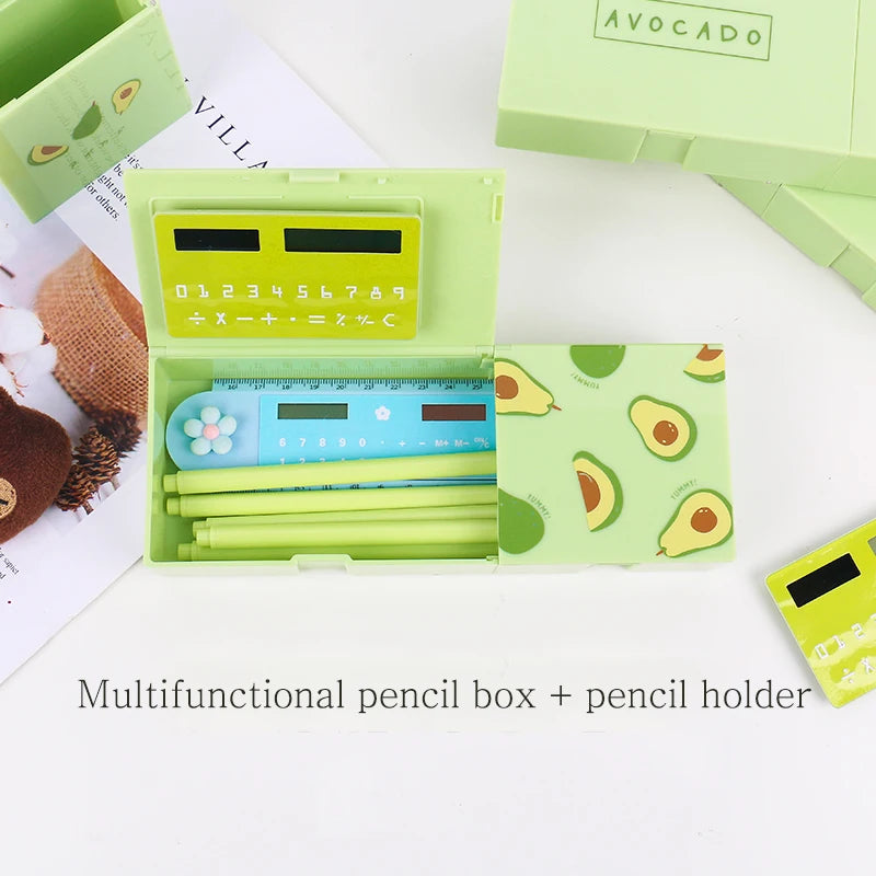 JIANWU 1Pc stationery box  with calculator and mirror 4 in 1 Multi-function Large capacity pencil box penholder School supplies