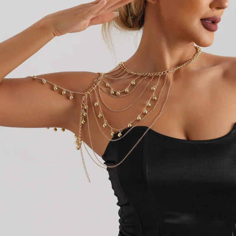 Fashionable Multi-layer Tassel Metal Ball Shoulder Chain Body Chain Personalized Spicy Girl Chest Chain Accessories