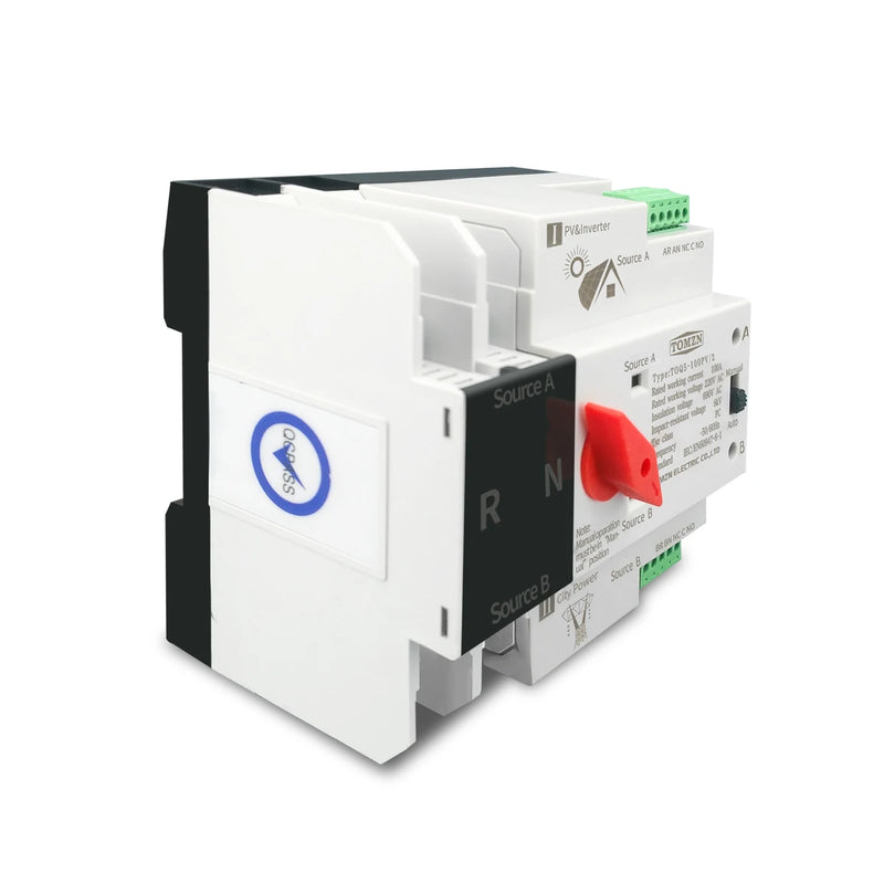 TOMZN Single Phase Din Rail ATS for PV inverter Dual Power Automatic Transfer Selector Switches Uninterrupted 2P 63A 100A 125A