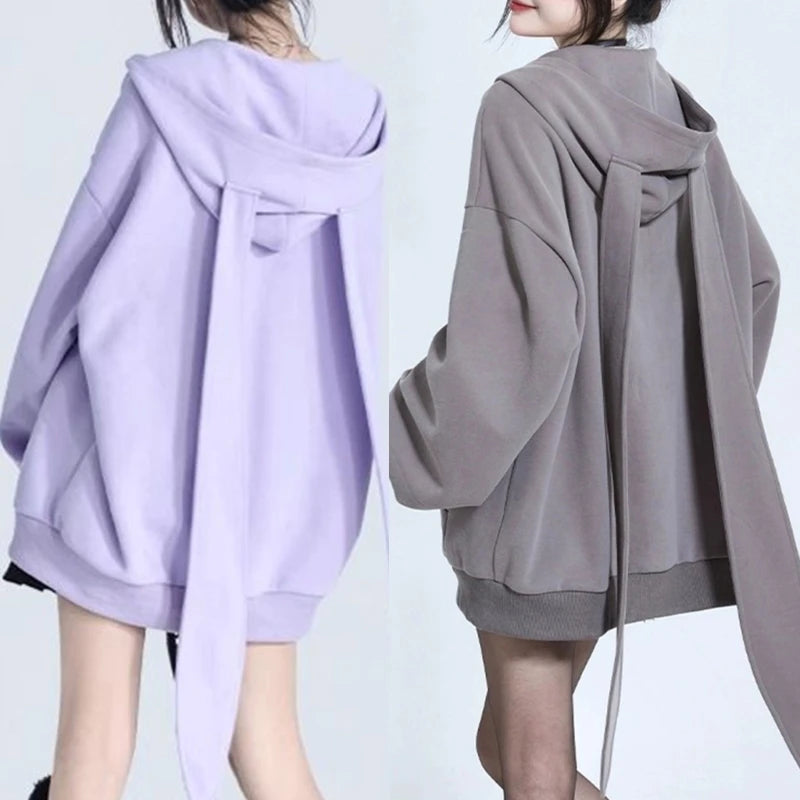 Women Long Sleeve Oversized Sweatshirt Coat Long Rabbit Ears Hoodies Jackets