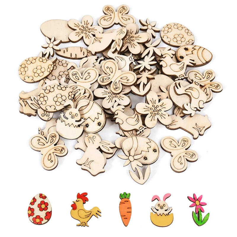 50pcs Easter Wooden Confetti Rabbit Carrot Eggs Kids Painting DIY Crafts Wood Slice 2025 Spring Easter Party Decoration For Home