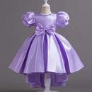 Fashion Solid Color Girl Evening Gown Short Sleeve Bow Kids Dresses for Girls Summer Girls Party Dress 1-10 Years