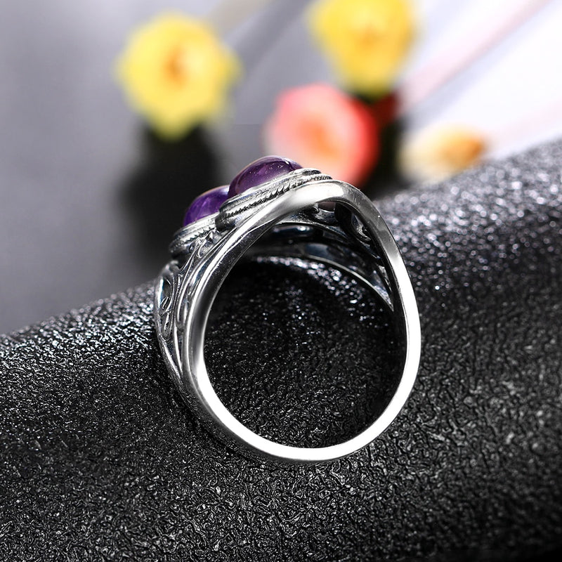 Charms 6x9MM Natural Amethyst Rings Women's Silver Jewelry Vintage Ring Anniversary Party Gifts For Women