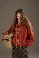 ELFSACK 2025 Autumn New Arrivals Retro Casual Large Area Print Long Drawstring Hooded Hoodie For Woman