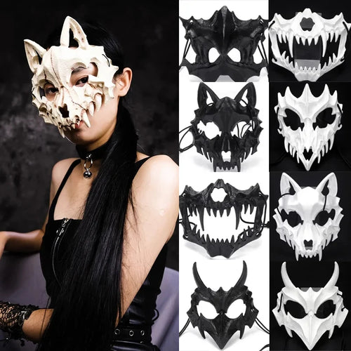 Halloween Mask Half-face Mask Cos Dragon God Fierce Tiger Night Fork Tengu Man Wolf Mask Performance Skull Masks