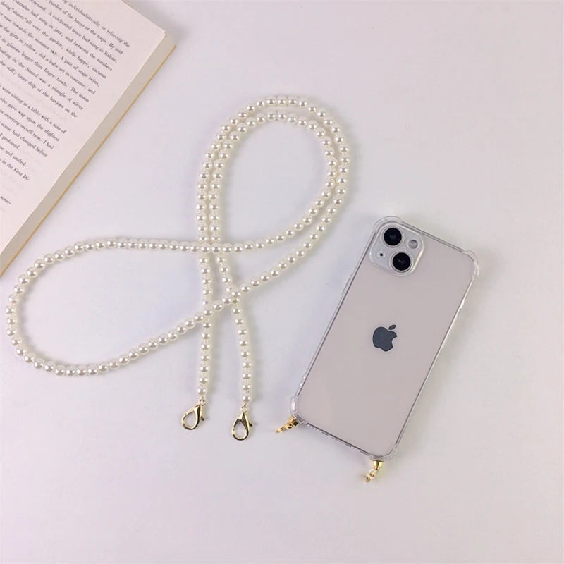 Luxury Korean Crossbody Lanyard Necklace Pearl Chain Phone case for iPhone 11 12 13 14 Pro Max 15 Transparent Cover with Strap