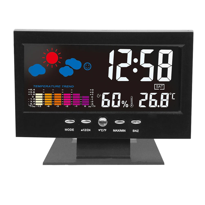 Digital Clock Thermometer Hygrometer Weather Station Alarm Clock Temperature Gauge Colorful LCD Calendar Voice-activated