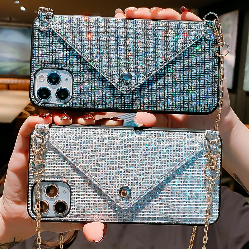 Glitter Luxury Diamond Wallet Card Phone Case For iPhone 13 12 11 14 15Pro Max XR XS 7 8 Plus Shining Crossbody Cover With Chain