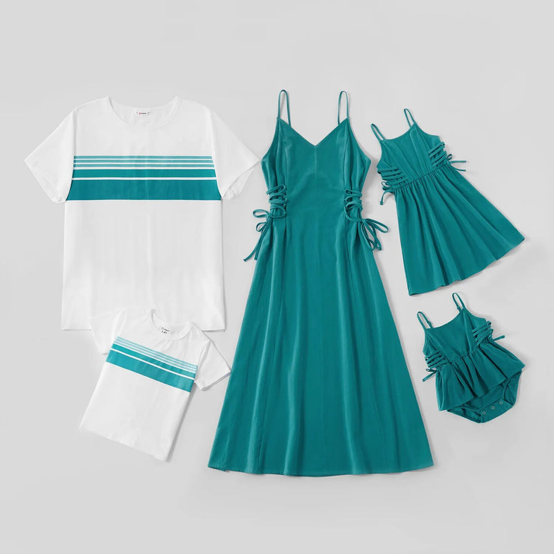 PatPat 2022 New Arrival Summer Mosaic Family Matching Turquoise 100% Cotton Sets (Tank Dresses - Rompers - Tops)  Family Look