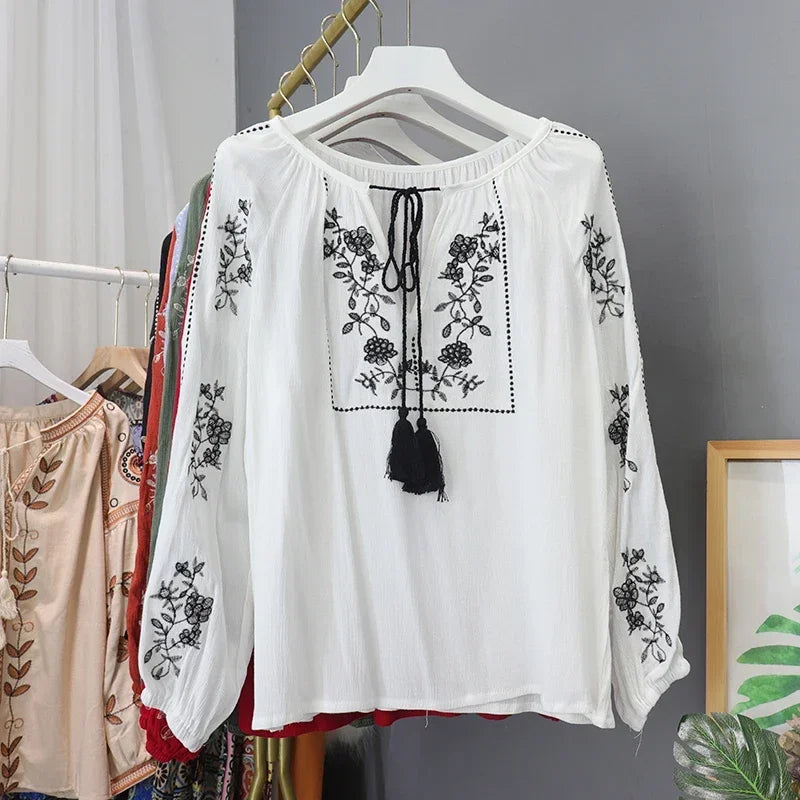 Ethnic Style O-Neck Lace-up Blouse Women Embroidery Y2k Tops Female Casual Blouses Lantern Sleeve Blusas De Mujer Dropshipping