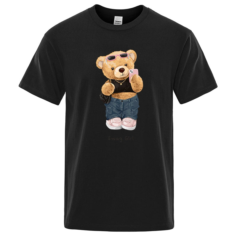 Street Teddy Bear Selfie Swag Girl  Prints Men Tops Fashion Summer T Shirt Mens Short Sleeve Hip Hop Streetwear