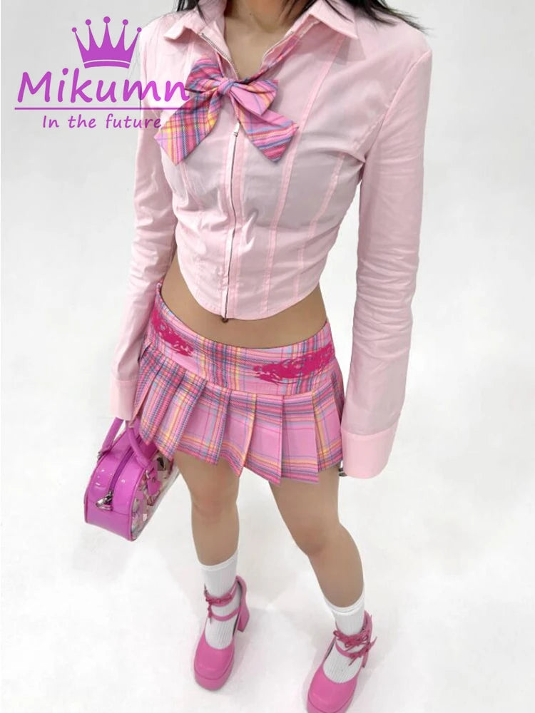 Pink Plaid Skirts Preppy Style Girls Sexy JK Pleated Mini Skirts With Shorts Y2k Kawaii Women Skirts