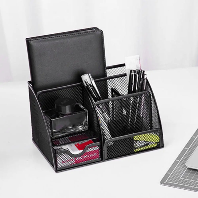 Office Desktop Storage Box Desktop Pen Holder Metal Pen Holder with Multiple Compartments Metal Mesh Square Divided Container