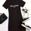 Summer new women's MILANO ITALY letter pattern cartoon print casual slim fit sexy short sleeved round neck T-shirt mini dress