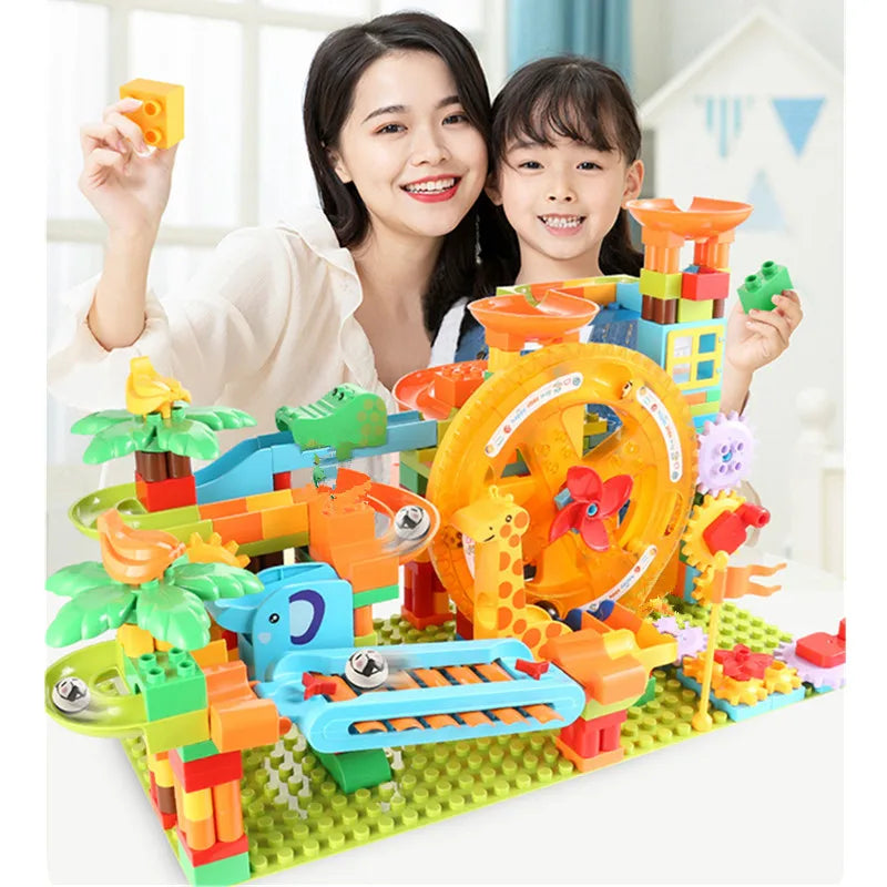 Marble Run Electric Spiral Lift Wheel Roller Coaster Ladder Paino Animal Slide Track Parts Compatible Large Building Blocks Toys
