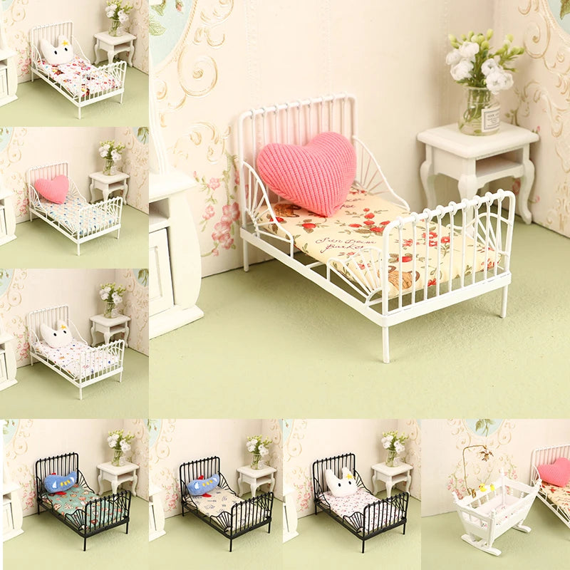 1Set 1:12 Dollhouse Iron European Bed Mini Cradle with Mattress Cushion Ornaments Miniature Furniture Bedroom Decor Toy