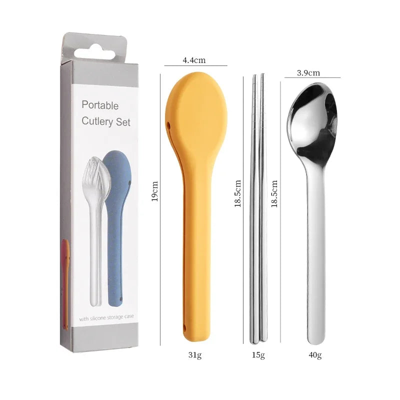 Portable Stainless Steel Cutlery Set, Suitable for Work, School, Picnic, Camping, Travel, Reusable Silicone Portable Cutlery Set