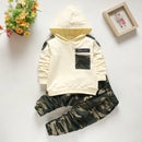 Spring and autumn new toddler boy suit hooded camouflage pocket long sleeve+camouflage casual pants two-piece suit