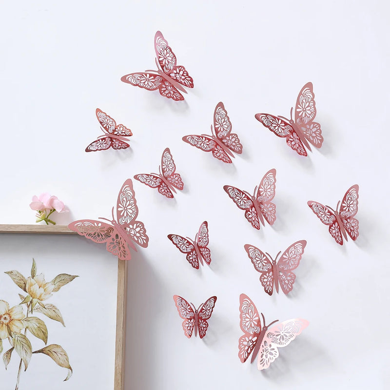 12/24Pcs 3D Butterfies Wall Sticker Gold Rose Gold Silver Butterfly Dragonfly Decal Mural Home Decoration Cake Decor Accessories