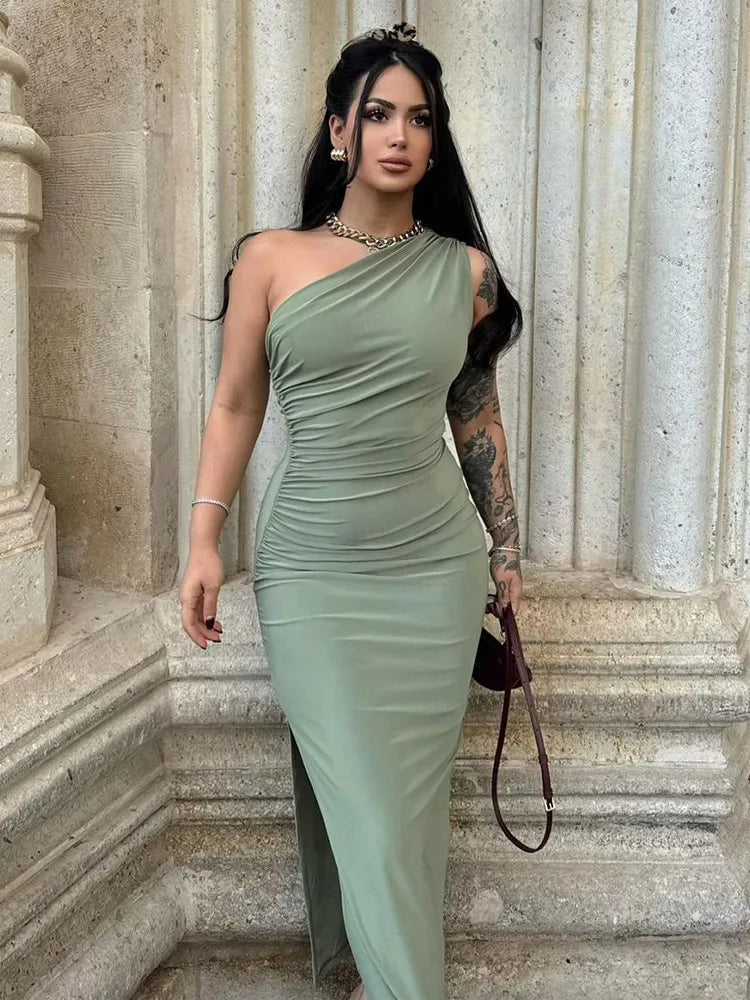 Fashion Sexy Maxi Dress Women New Summer Solid Sleeveless Backless Slim Split Dress Female Off Shoulder Club Elegant Party Dress