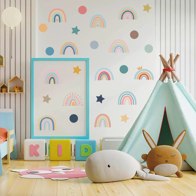 4 Sheets Cute Wall Decals DIY Rainbow Dots Stars Theme Boys Kids Room Wall Stickers Removable Vinyl Wall Art Decor