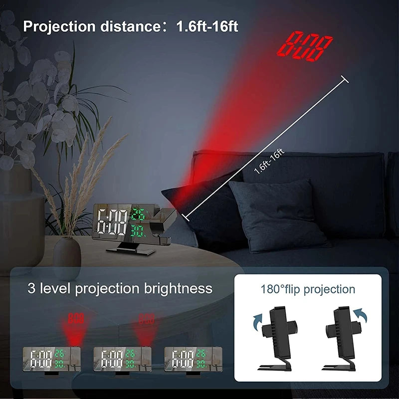 LED Digital Alarm Clock Projection Clock Projector Ceiling Clock with Time Temperature Display Backlight Snooze Clock for Home