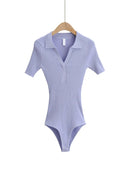 GOPLUS Bodysuit Women Sexy One Piece Summer Bodysuits Turn Down Collar Short Sleeve Black White Knitted Tops Body Femme C10933
