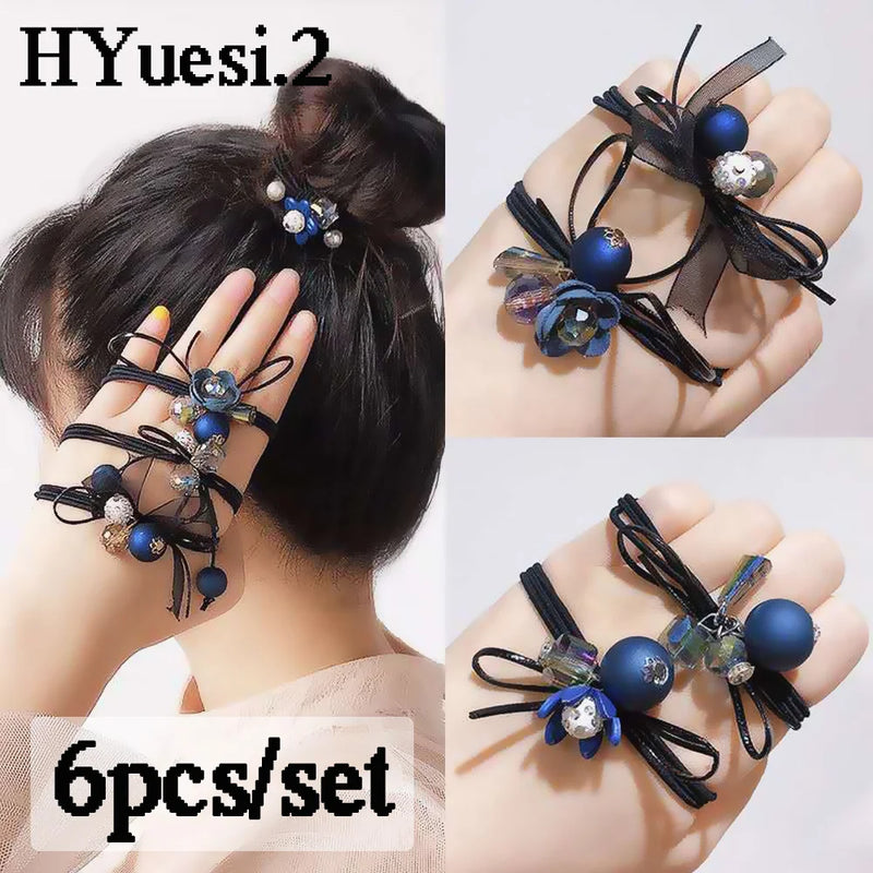 6pcs/Set Crystal Ball Beaded Hair Ties Elegant Bowknot Ribbon Hair Ropes Women High Elastic Three Layers Ponytail Rubber Band