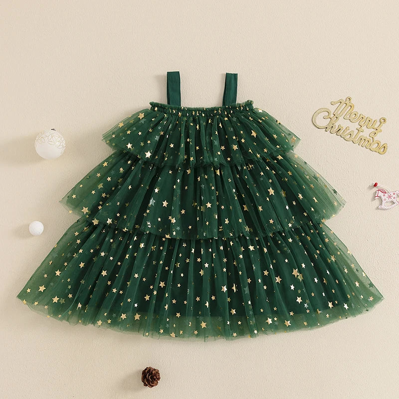 Toddler Baby Girl Christmas Dress Star Sequin Layered Tutu Tulle Dress Girls Cake Smash Xmas Tree Dresses