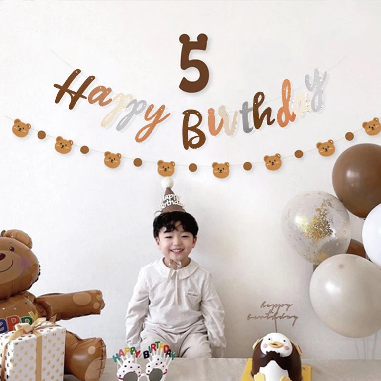 INS Happy Birthday Letters Banner Kids 1st Birthday Party Brown Bear Paper Garland Flag Decoration Boy Girl Baby Shower Supplies