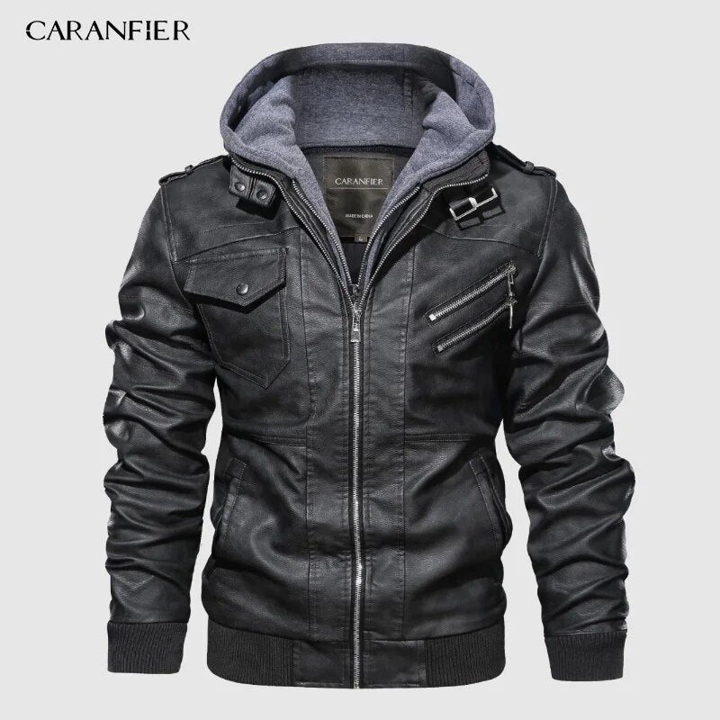 CARANFIER Mens PU Hooded Jackets Coats Motorcycle Biker Faux Leather Jacket Men Classic Winter Coat Clothes  European Size