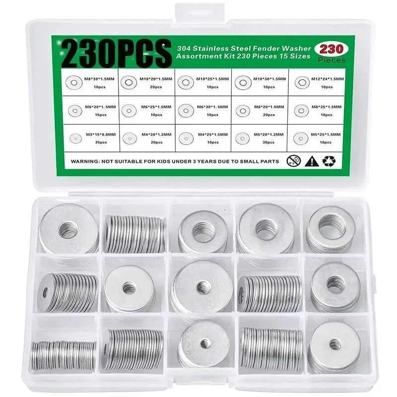 75/170/230PCS Large Flat Washers 304 Stainless Steel Big Plain Washers Gaskets M3 M4 M5 M6 M8 M10 M12 Metal Washer Fasteners Kit