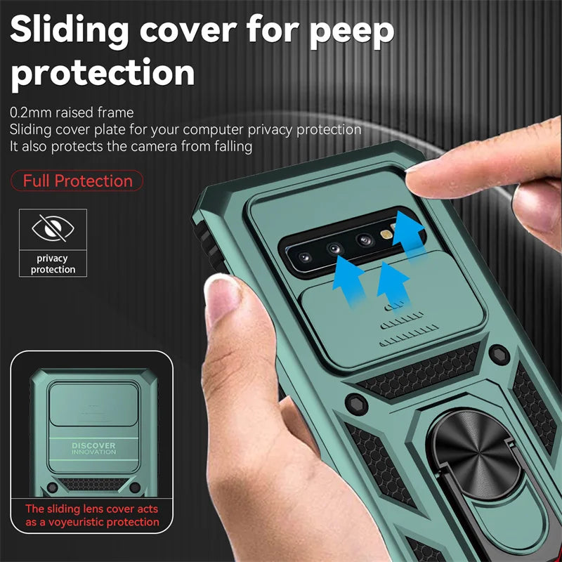 For Samsung S 10 S10+ Plus Case Shockproof Armor Slide Camera Protect Phone Case For Samsung Galaxy S10 Plus Ring Holder Cover
