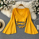 Chic Sexy Flare Long Sleeve T shirt Elegant Criss-cross Bandage Crop Top V Neck Vintage Fashion Tees Female Spring Summer Shirt