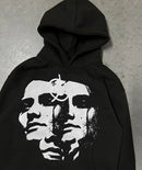 Trendy retro street style portrait print long sleeved loose hoodie for men and women, millennium gothic Harajuku style pullover
