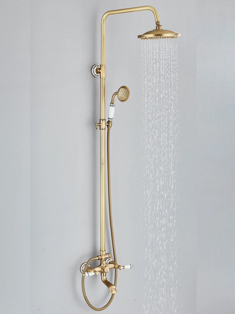 Retro Shower System Antique Brass Rainfall Shower With Handheld Shower Tub Spout For Bath Shower