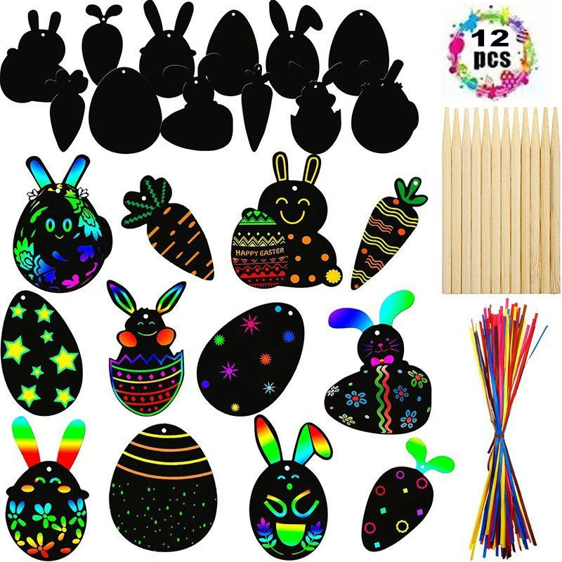 12pcs Easter Magic Scratch Paint Easter Eggs Crafts DIY for Making Holiday Gifts Egg Basket Fillers Party Decorations