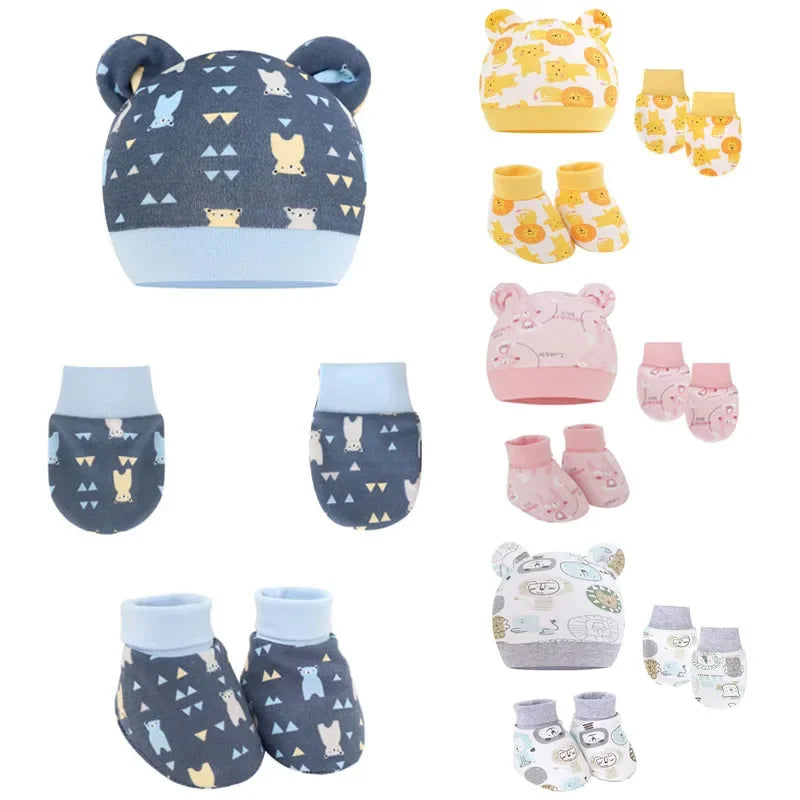 Newborn Cute Cartoon Hat+Gloves+Socks Set for Baby Boy Girl Cotton Casual Photography Props Soft Headwear Infant Beanie Nightcap