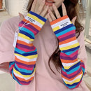 HOT Women Soft Cotton Stripe Loose Arm Protection Sunscreen Ice Silk Gloves Driving UV Protection Ice Sleeves Summer Cool Sleeve
