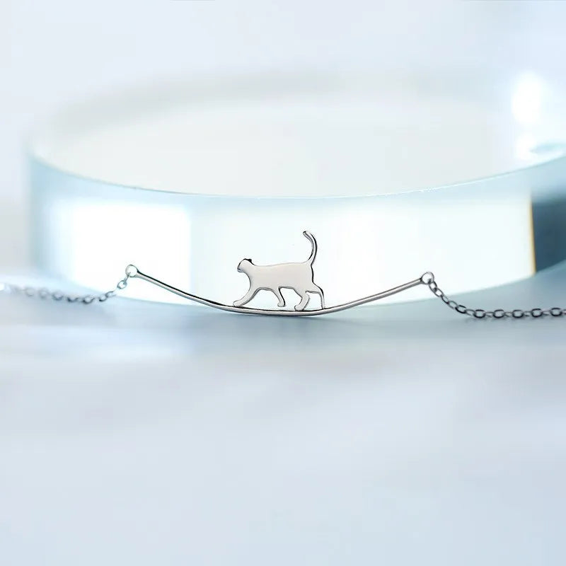 New Fashion Simple Personality 925 Sterling Silver Jewelry Cute Animal Walking Cat Clavicle Chain Necklace for women