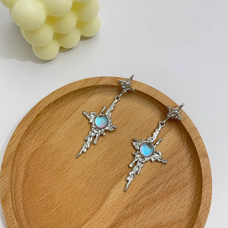 Irregular Liquid Metal Cross Moonstone Dangle Earrings Young Girl Trend Metal Cross Moonstone Drops Earrings Jewelry Wholesale