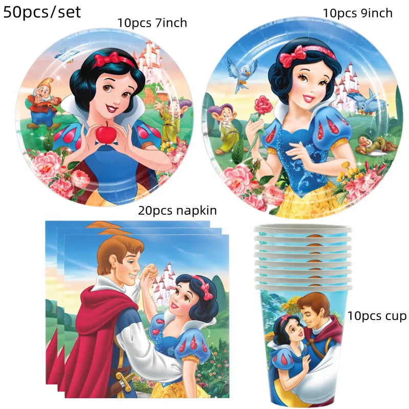Snow White Birthday Party Set Cup Plate Napkins Tablecloth Cake Topper Balloons Disposable Tableware Baby Shower Supplies
