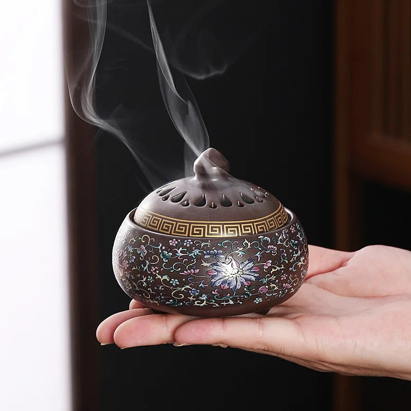 The Chinese style retro enamel colored plate incense burner the household indoor ceramic tangled lotus incense burner decoration