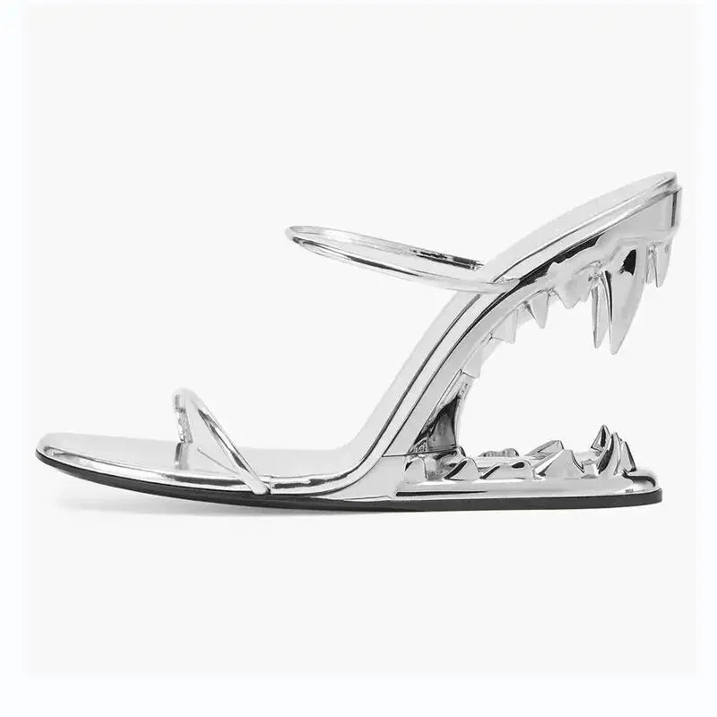 2023 Summer New Metal Tooth Wedges Sandals High-heeled Fashion Shows Sexy Women's Shoes Slippers Gold Silver Black Pink Big Size