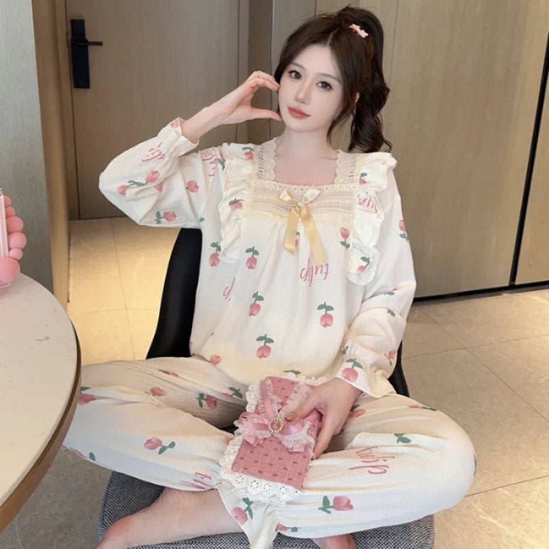 Lady Sweet Style Y2k Cartoon Women's Pajamas Bubble Cotton Bow Square Neck Female Nightgown 2024 Autumn New Youth Chic Sleepwear