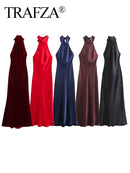 TRAFZA 2024 Female Elegant Slim Long Dresses Solid Sleeveless Backless Bow Decoration Zipper Summer Long Dress Woman Sexy Trendy