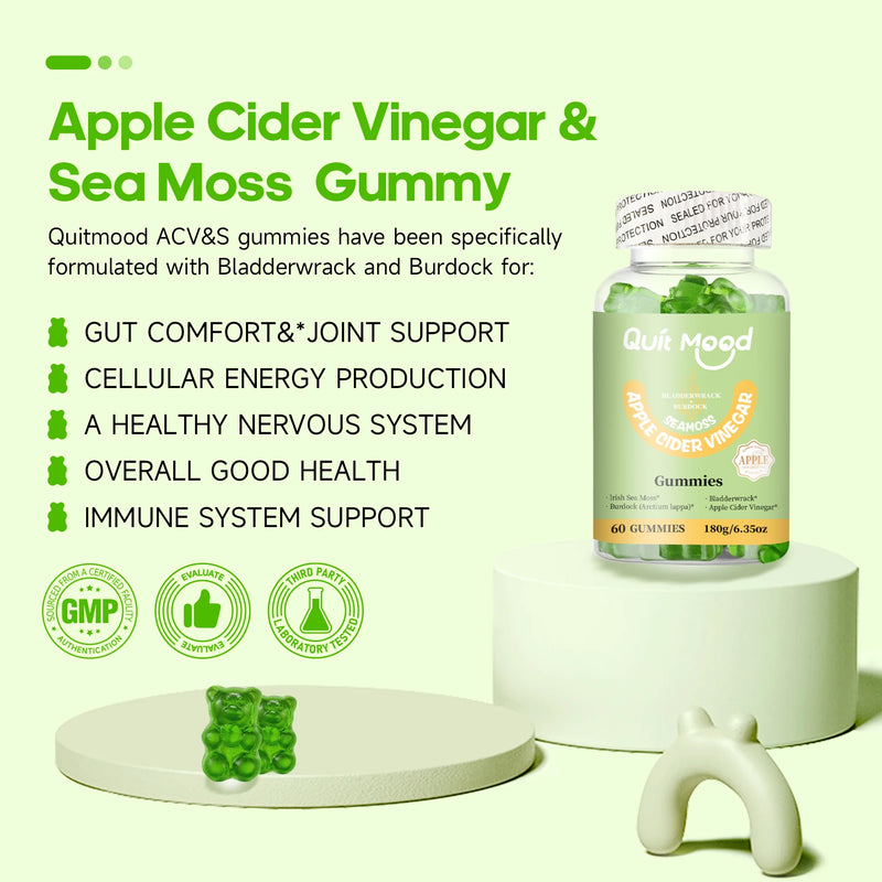 Quitmood Apple Cider Vinegar Gummies- 60 Count - 3500mg Bladderwrack, Burdock Root and Sea Moss - Natural Irish Sea Moss for Imm