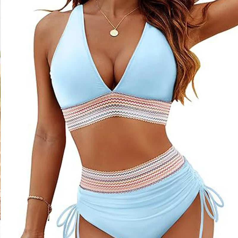 Solid Color Drawstring Bikini Set Fashion High Waist Separate Patchwork Swimwear Drawstring Women Swimsuit Women