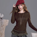 ELFSACK Elegant Slim Fit Long Sleeve T Shirt with Lace Trim Hem, Vintage Palace Style Solid Top for Women
