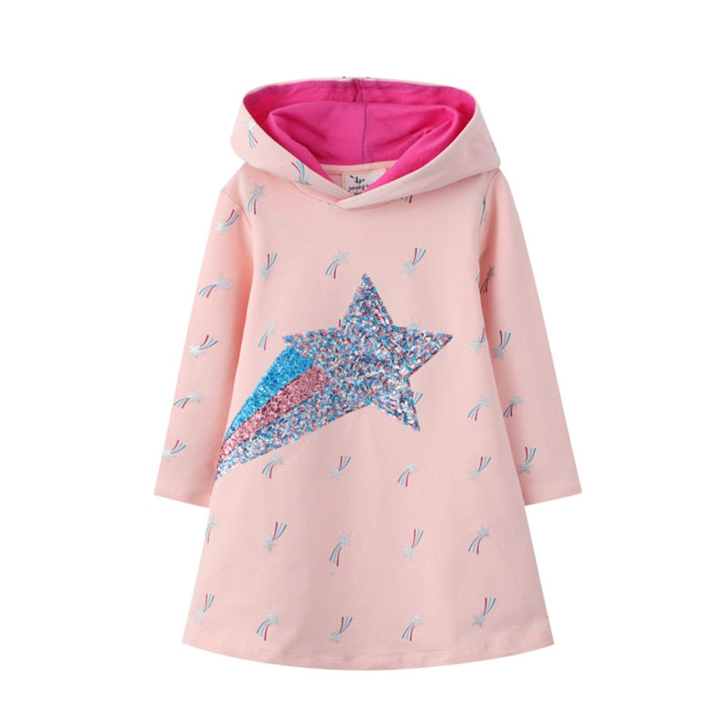 Jumping Meters New Arrival Unicorn Princess Hooded Dress for Autumn Winter Stripe Fashion Children Cotton Clothing Baby